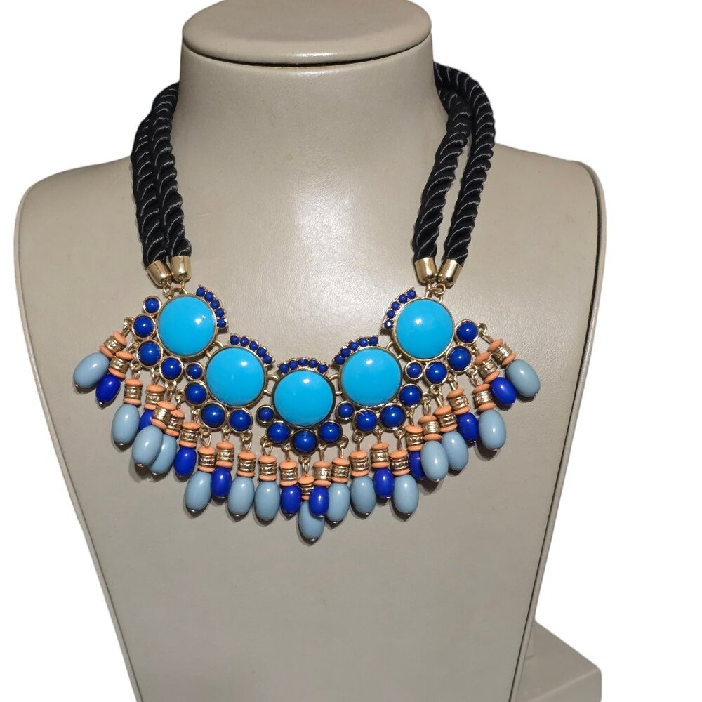 Women's Rope Black Gold Plated Blue Resin Statement Necklace NWOT
